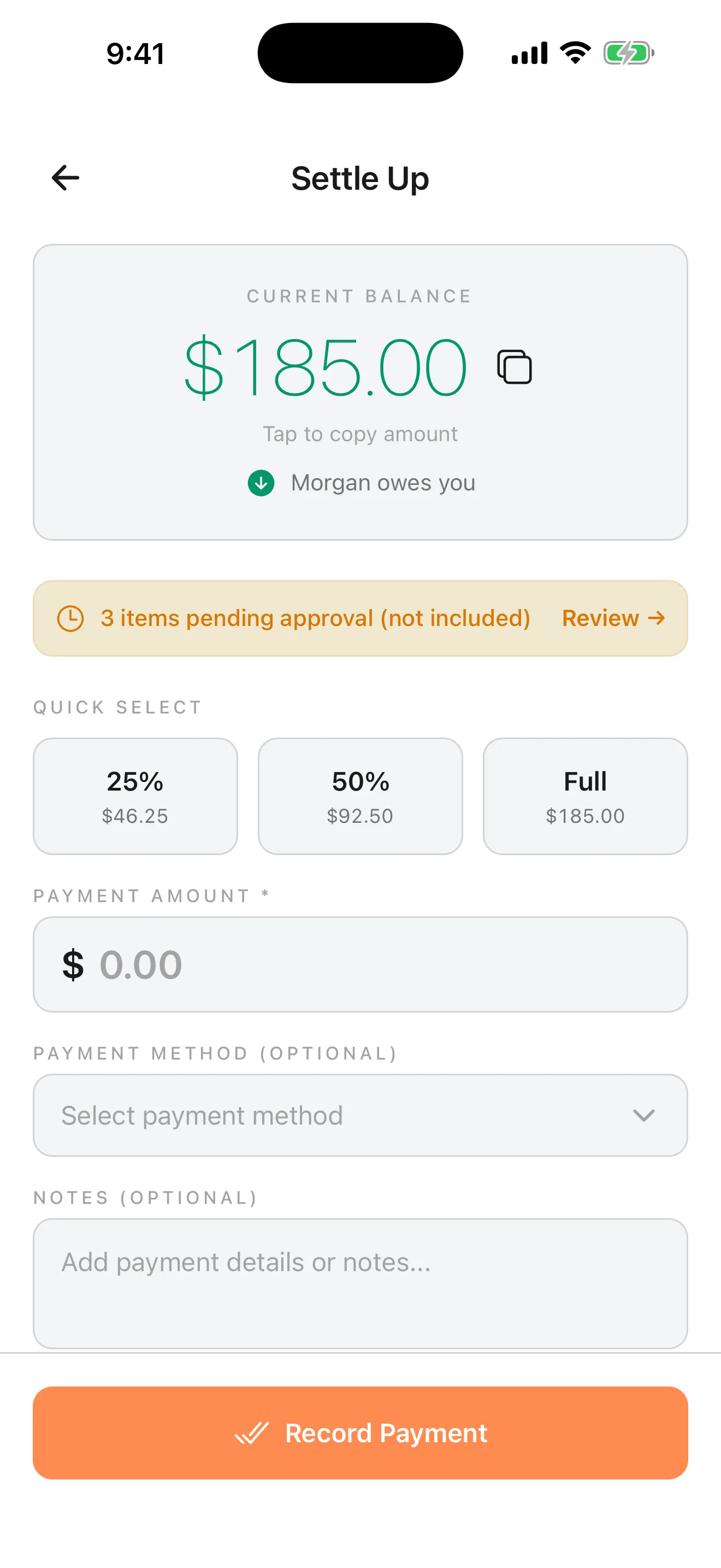 Settle Up screen showing balance and payment options